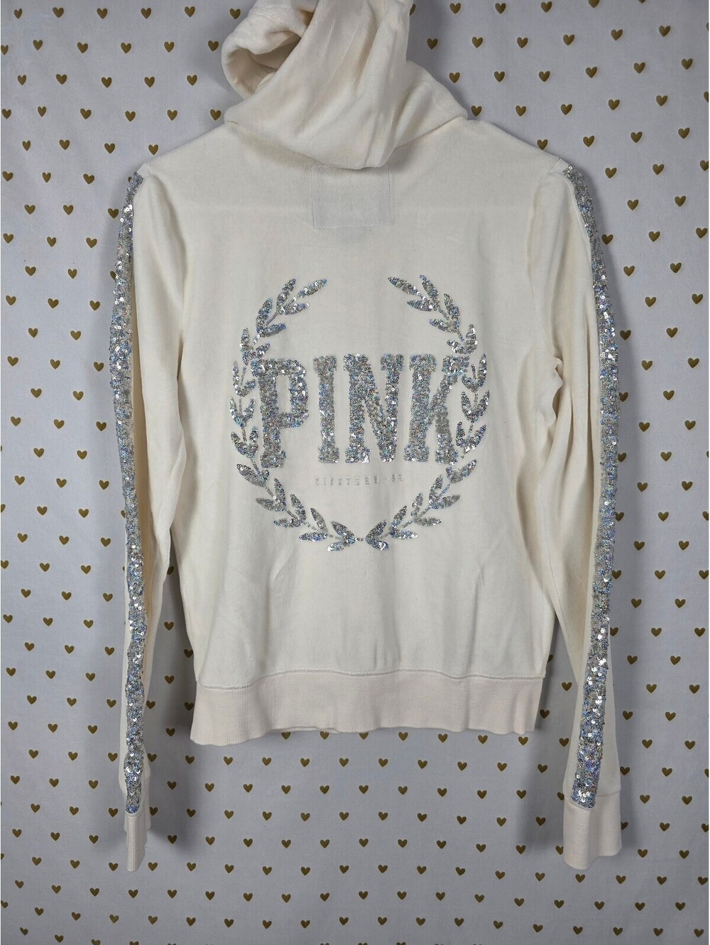 Victorias Secret Pink BLING white Velour Crest logo Full zip Hoodie Jacket SM